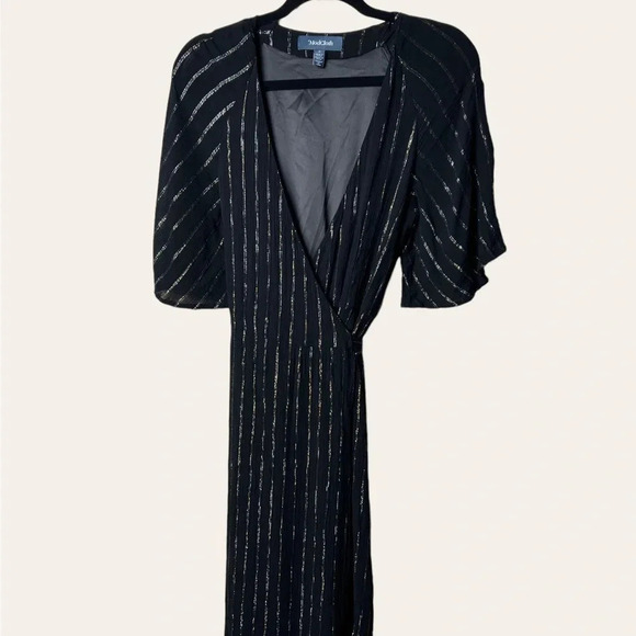 0408. MODCLOTH WRAP DRESS MAXI LENGTH BLACK WITH GOLD/SILVER IN COLOR STRIPES - Picture 2 of 15